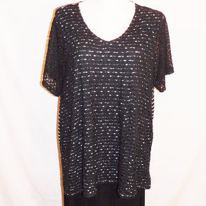 2X Catherines Black White Lace Stripe Knit Top EUC